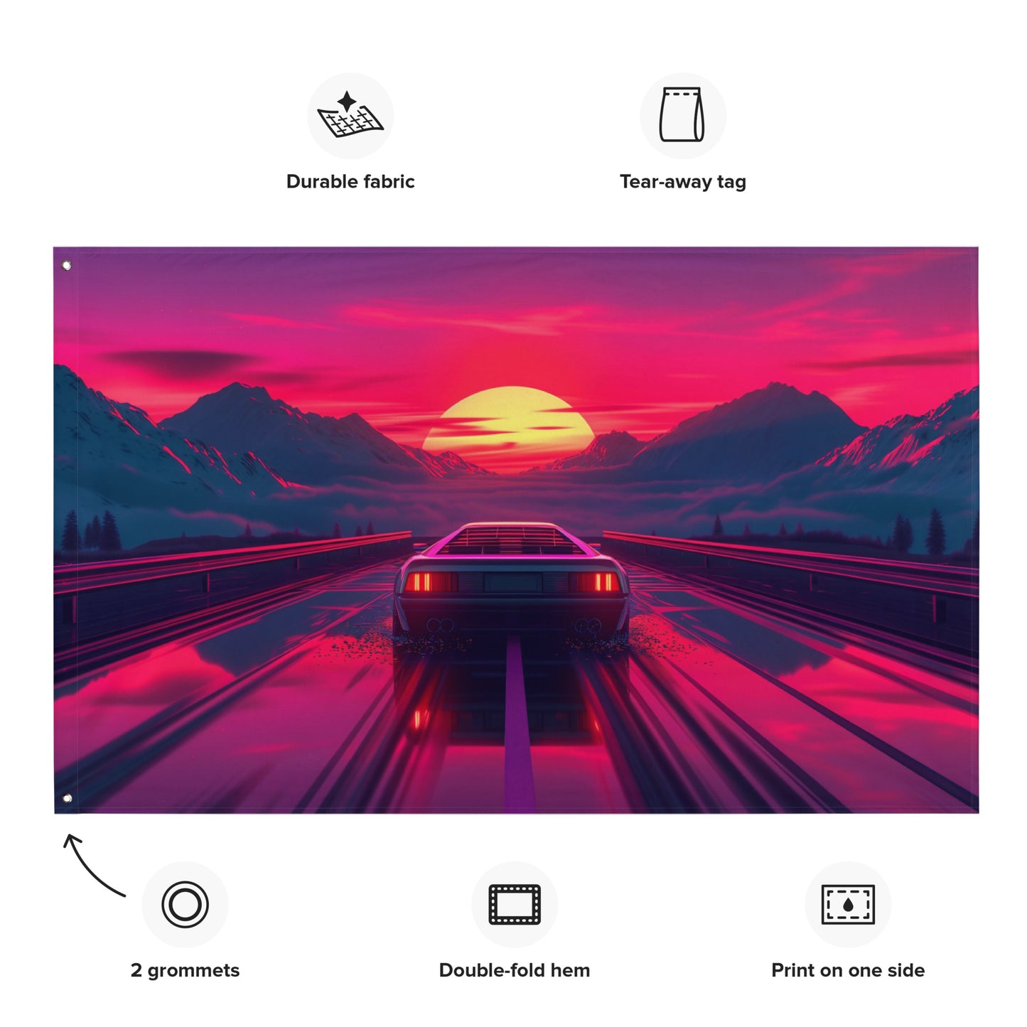 VibeDeco Banner- Synthwave Car Driving In Sunset