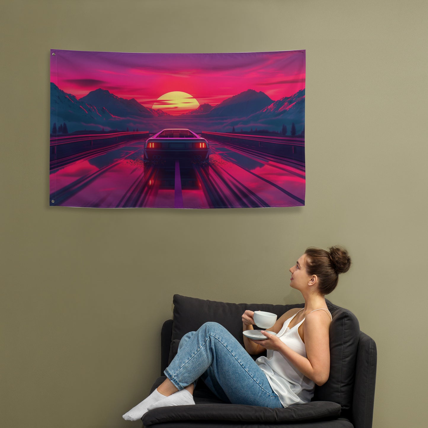 VibeDeco Banner- Synthwave Car Driving In Sunset