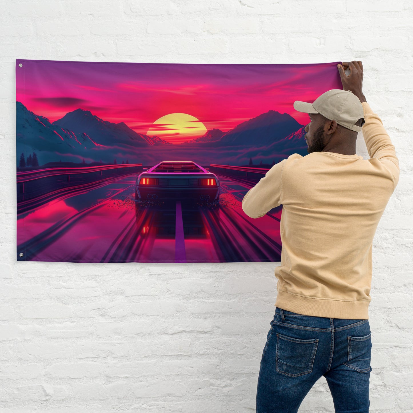 VibeDeco Banner- Synthwave Car Driving In Sunset