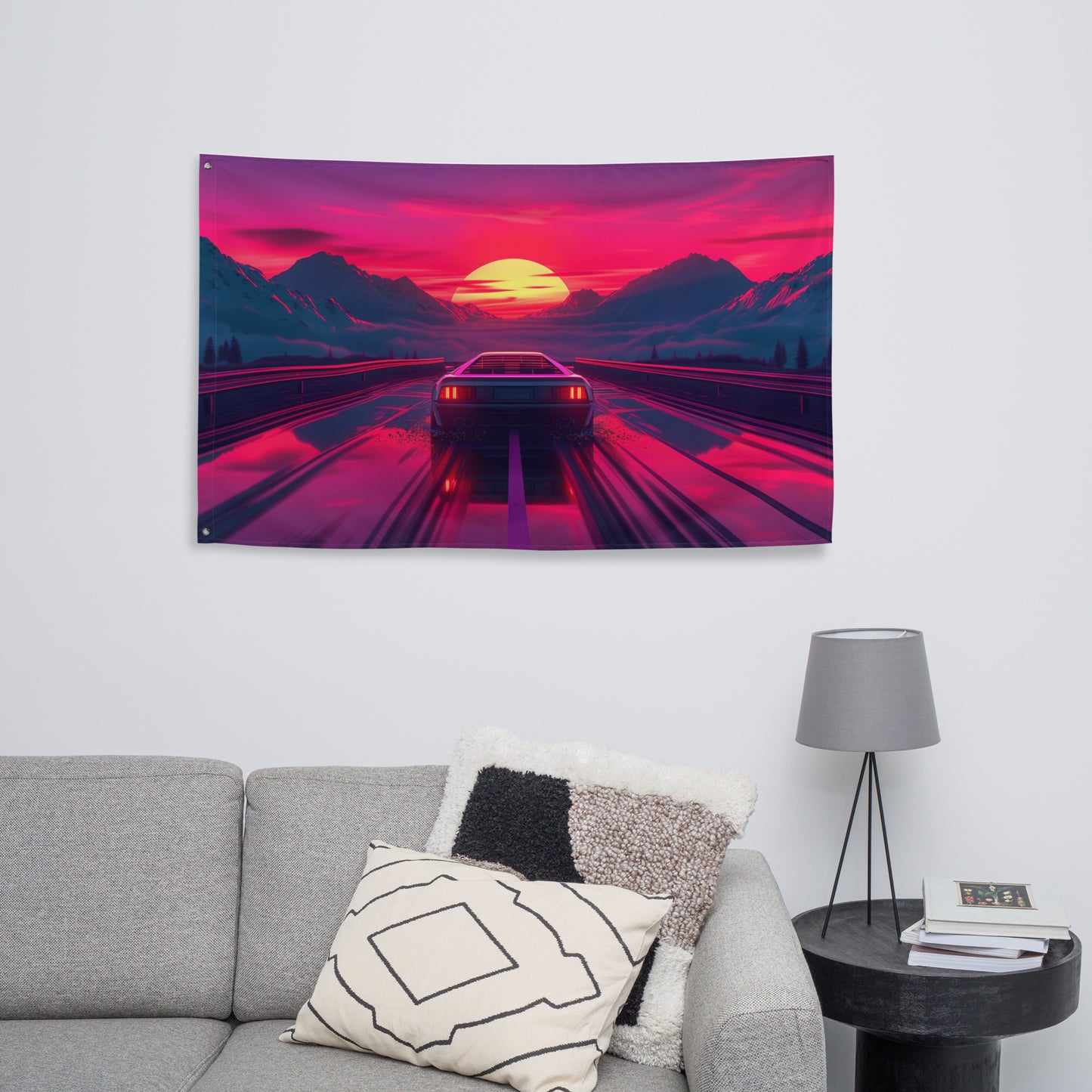 VibeDeco Banner- Synthwave Car Driving In Sunset