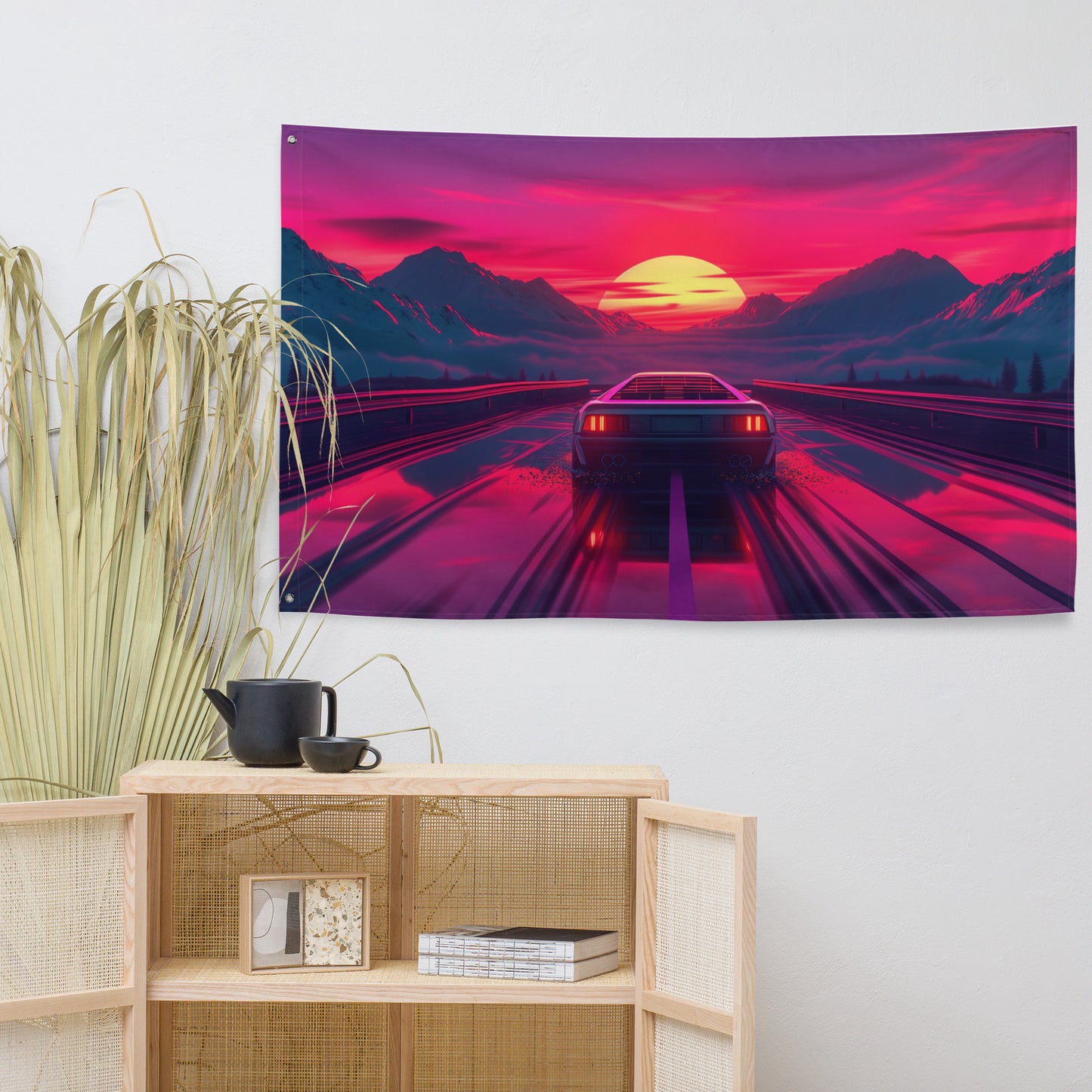 VibeDeco Banner- Synthwave Car Driving In Sunset