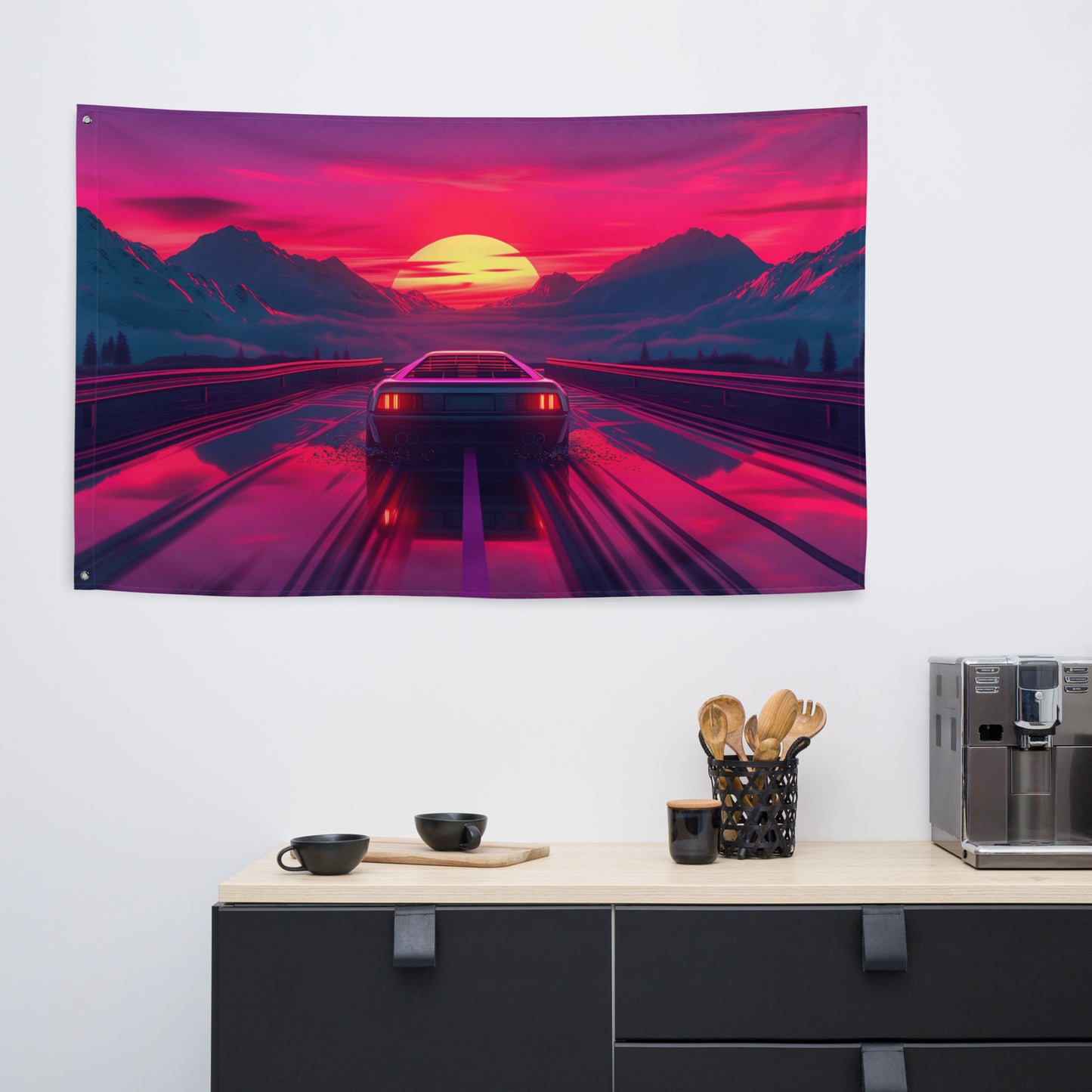 VibeDeco Banner- Synthwave Car Driving In Sunset