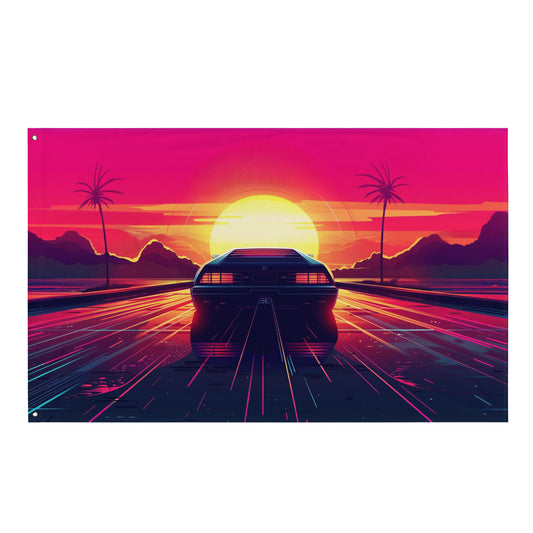 VibeDeco Banner- Synthwave Car Driving In Sunset