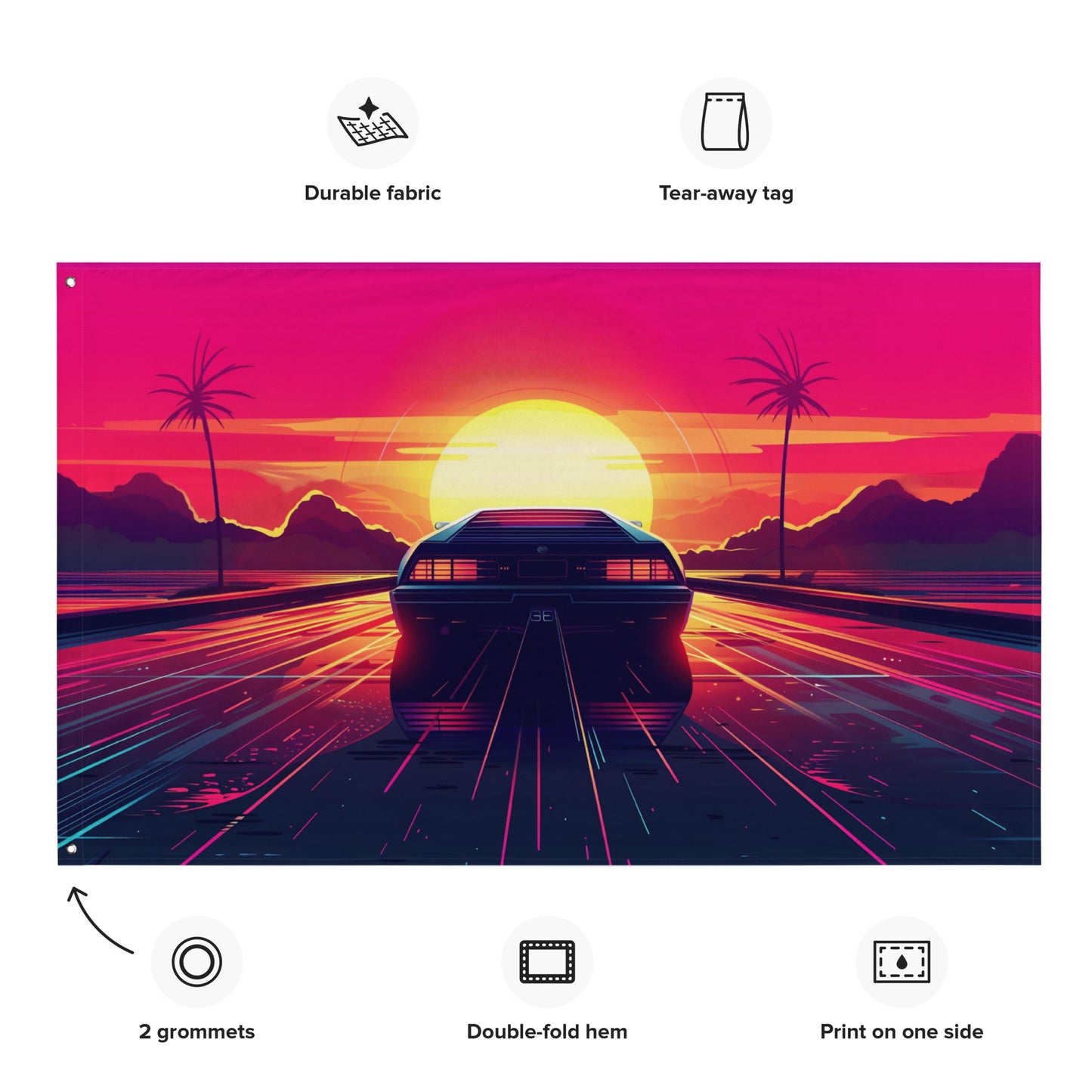 VibeDeco Banner- Synthwave Car Driving In Sunset