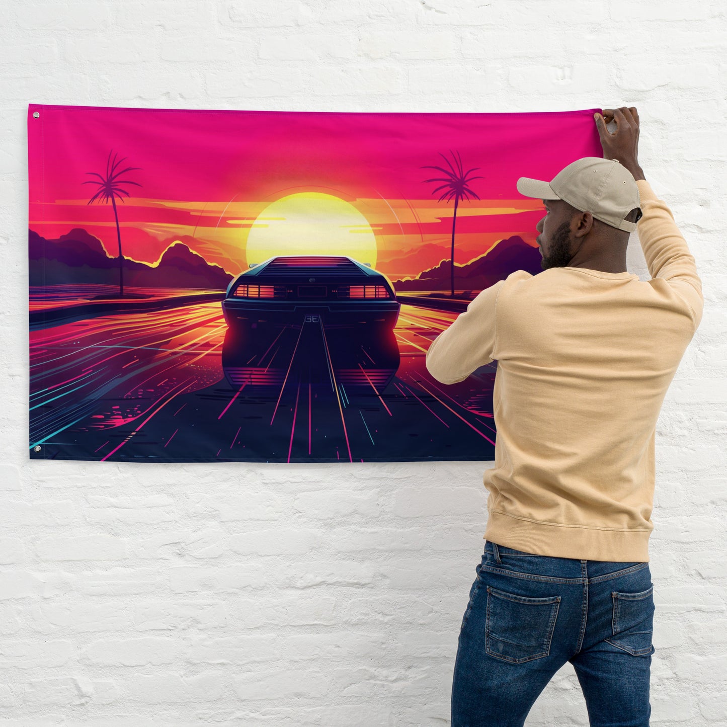 VibeDeco Banner- Synthwave Car Driving In Sunset