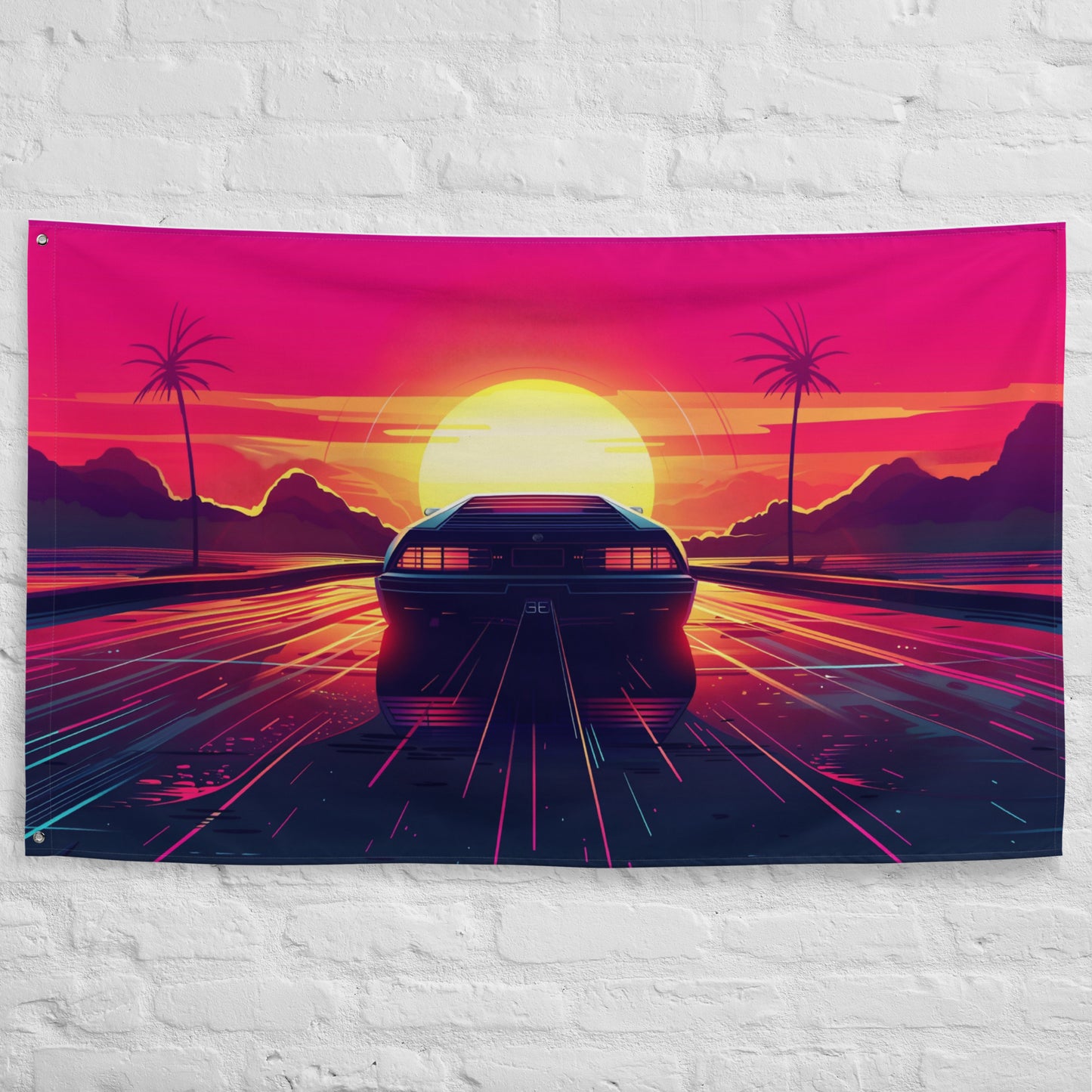 VibeDeco Banner- Synthwave Car Driving In Sunset