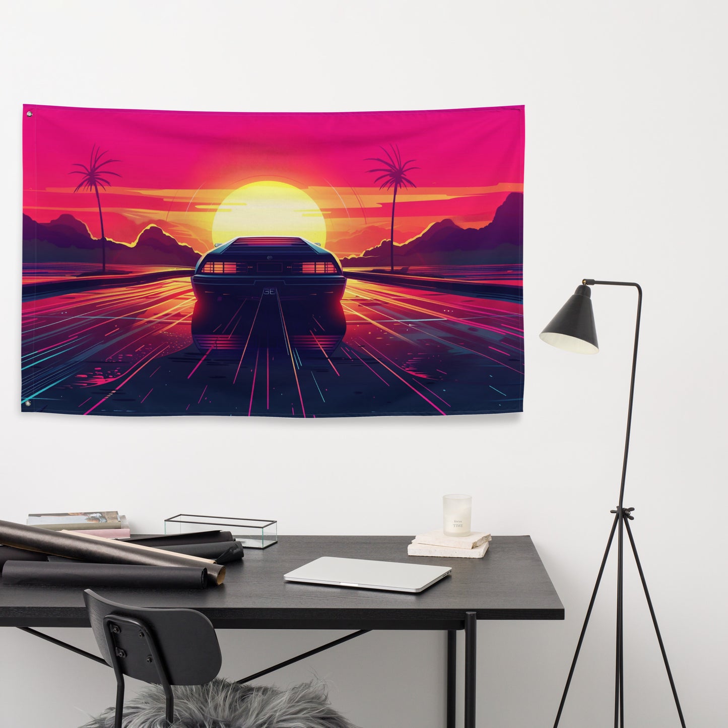 VibeDeco Banner- Synthwave Car Driving In Sunset