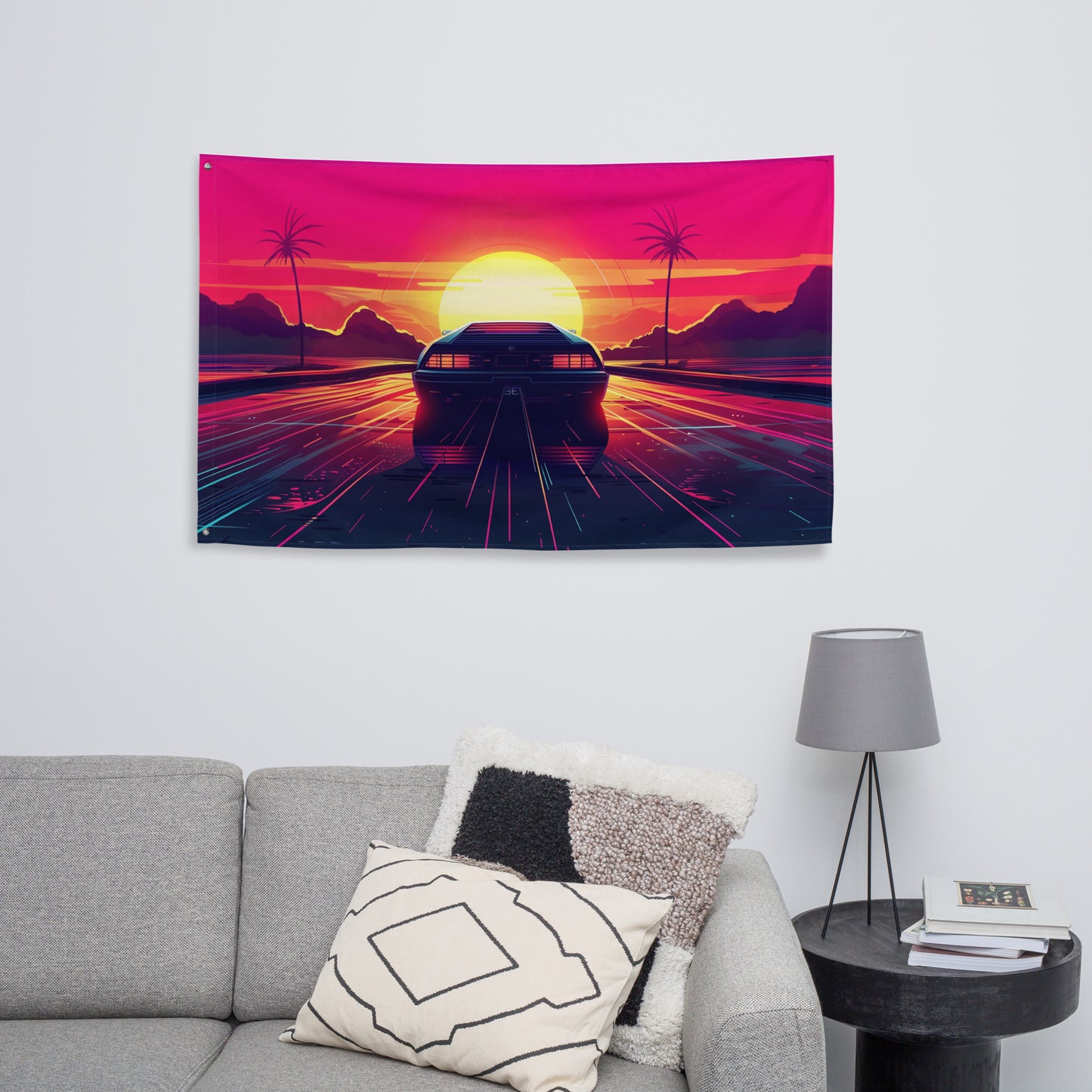 VibeDeco Banner- Synthwave Car Driving In Sunset