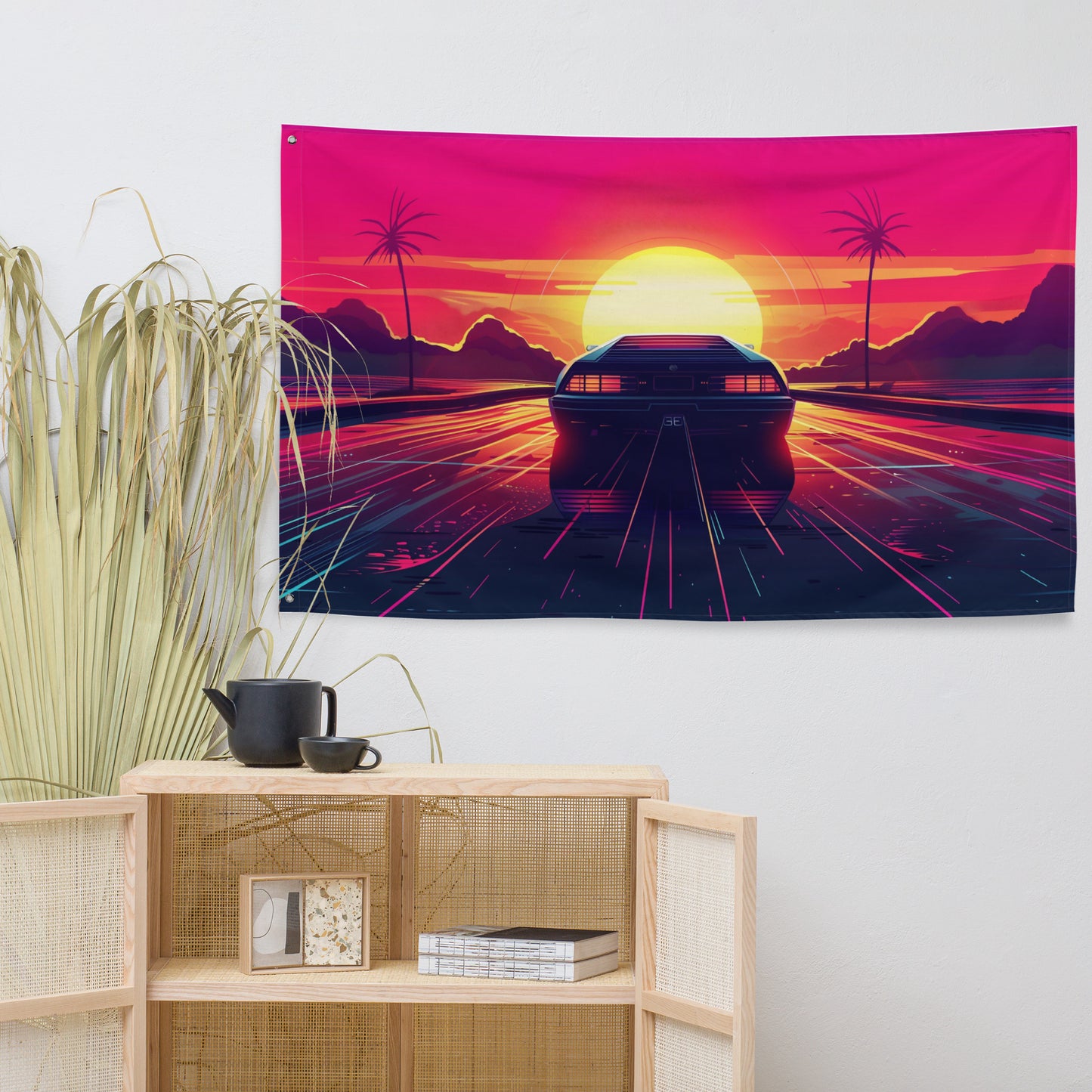 VibeDeco Banner- Synthwave Car Driving In Sunset