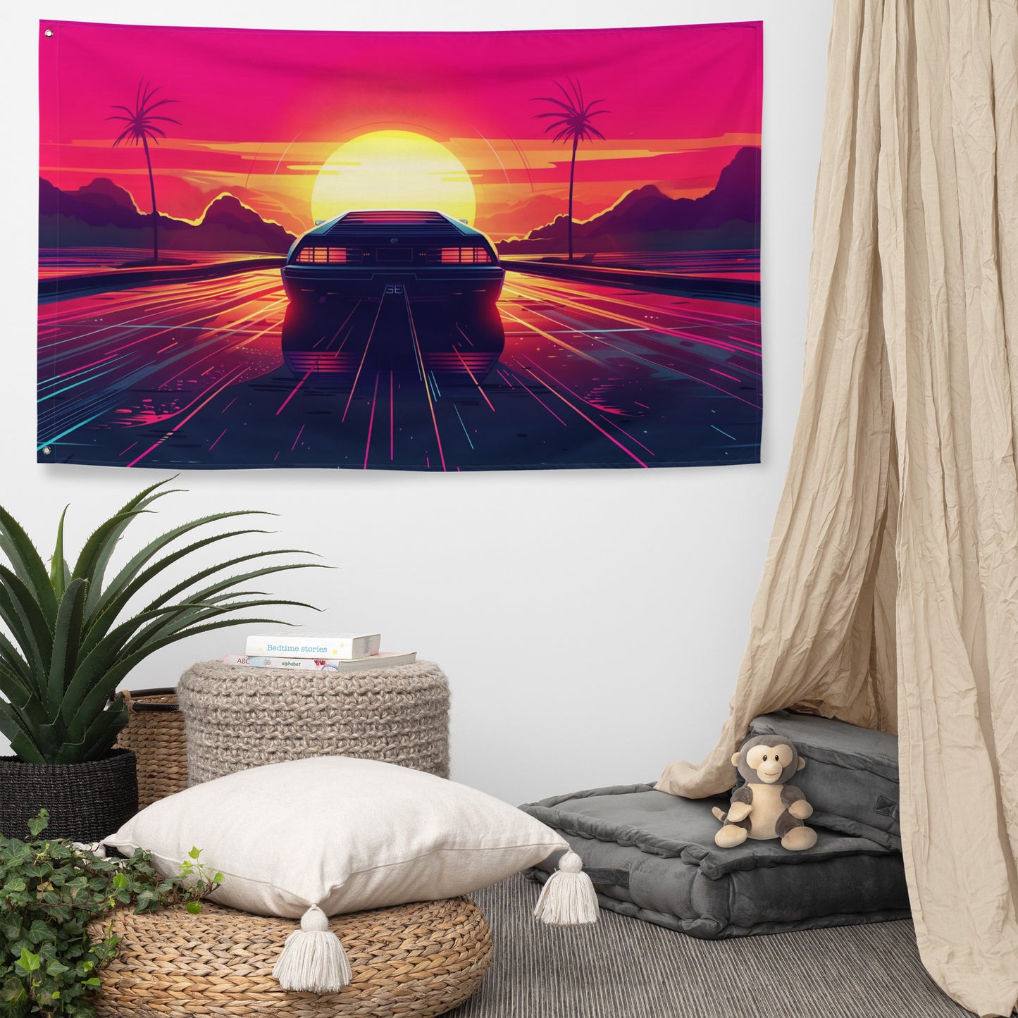 VibeDeco Banner- Synthwave Car Driving In Sunset