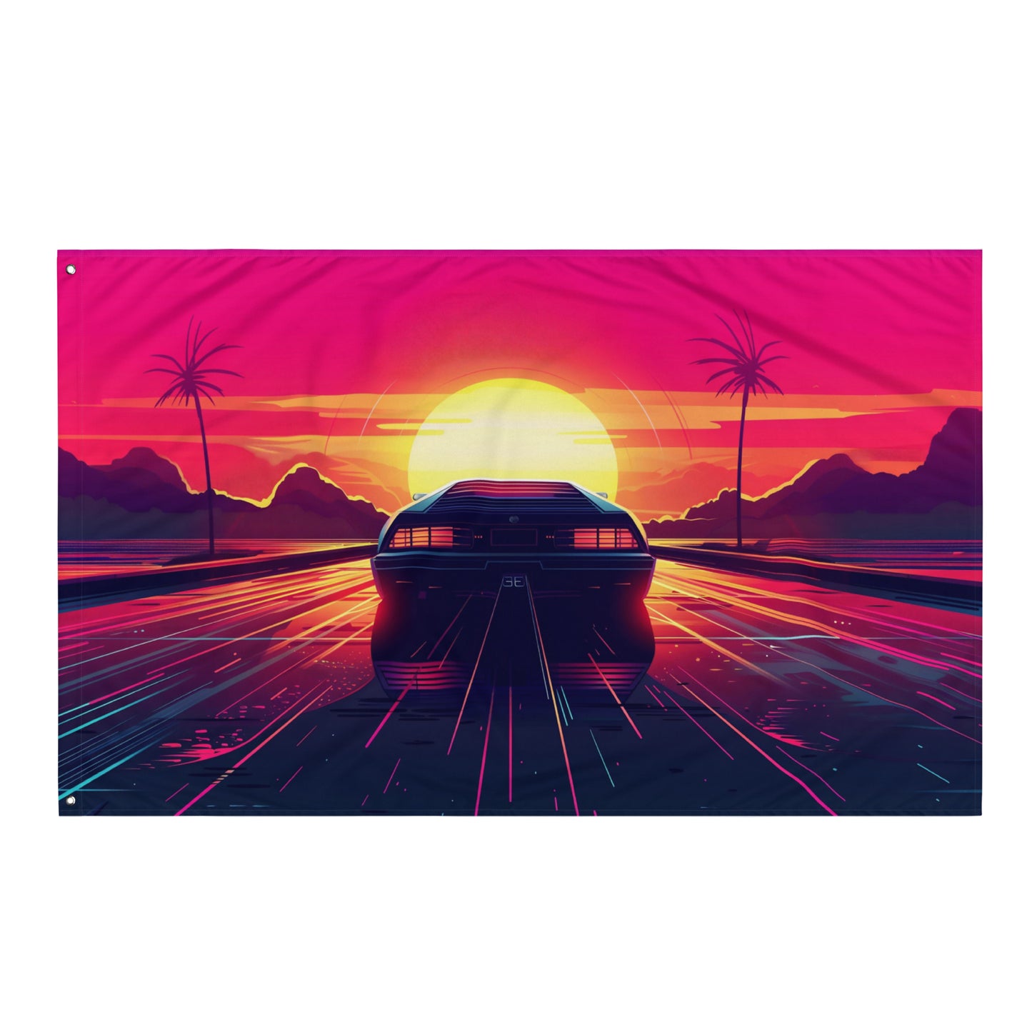 VibeDeco Banner- Synthwave Car Driving In Sunset