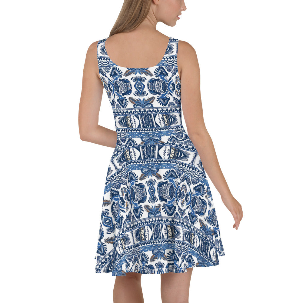 Skater Dress In Iban Inspired Blue Pattern