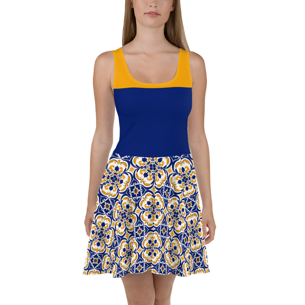 Skater Dress In Spanish inspired Azulejos Pattern