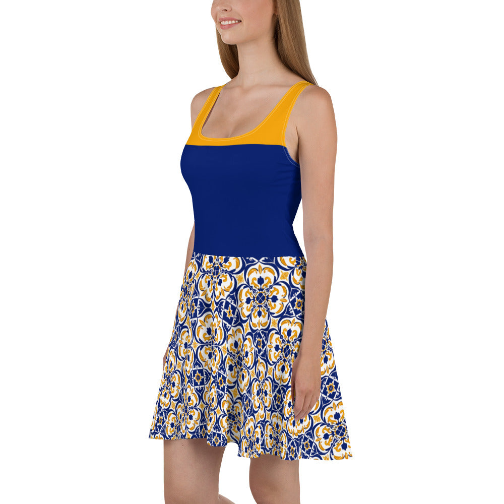 Skater Dress In Spanish inspired Azulejos Pattern