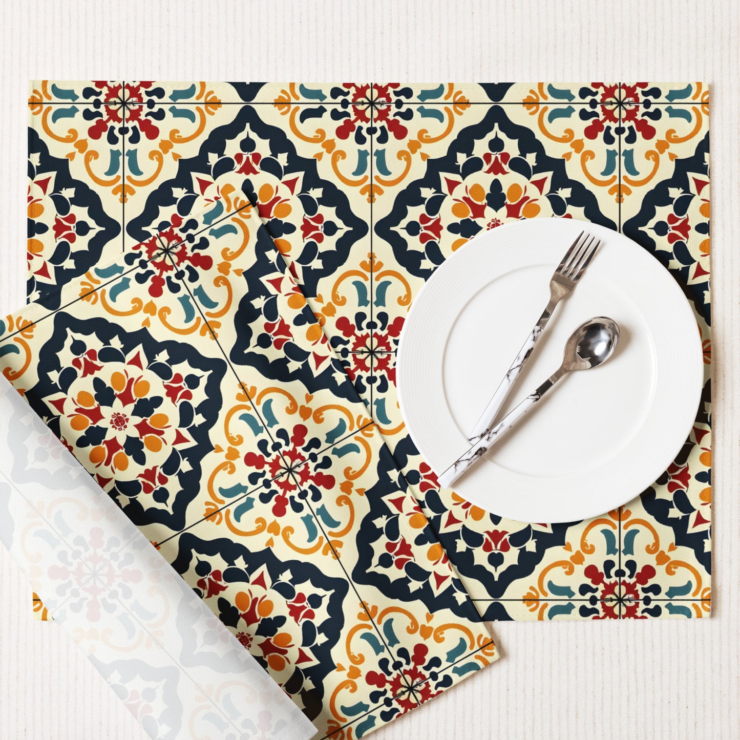 Placemat Set In Spanish Inspired Azulejos Pattern