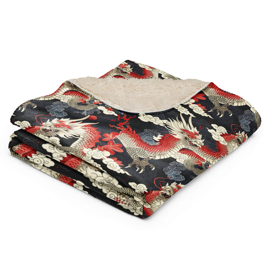 Sherpa blanket In Japanese Inspired Shin Hanga Dragon Pattern