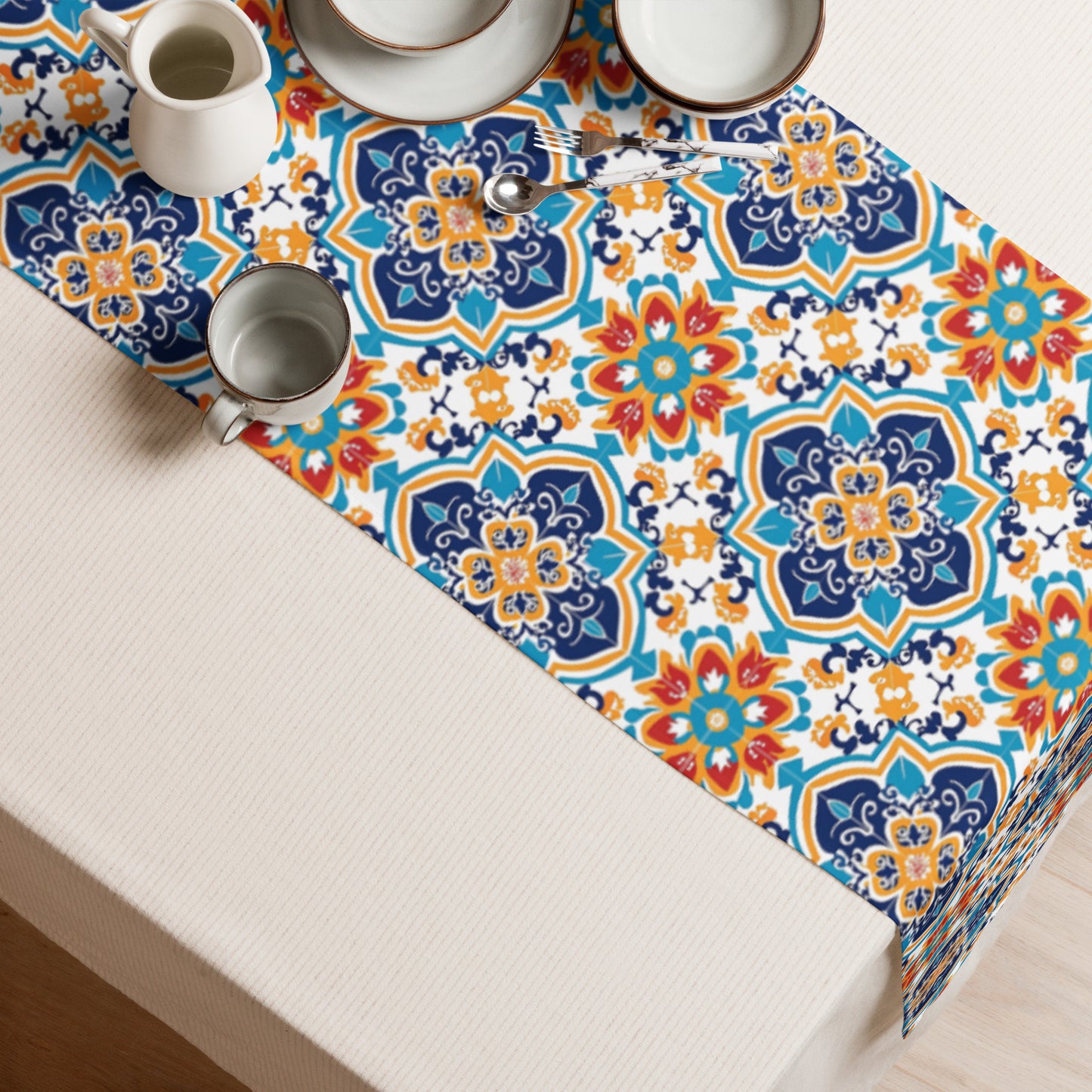 Table runner In Spanish Inspired Azulejos Pattern