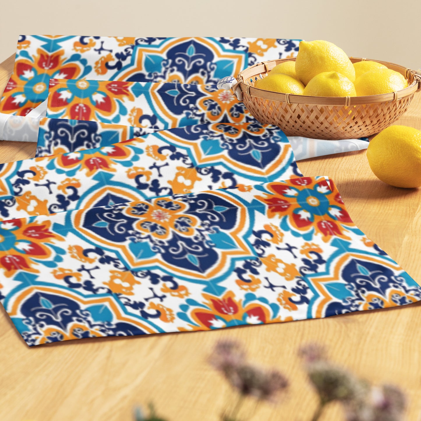 Table runner In Spanish Inspired Azulejos Pattern