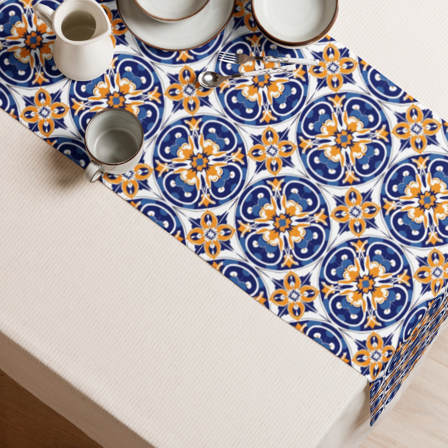 Table runner In Spanish Inspired Azulejos Pattern