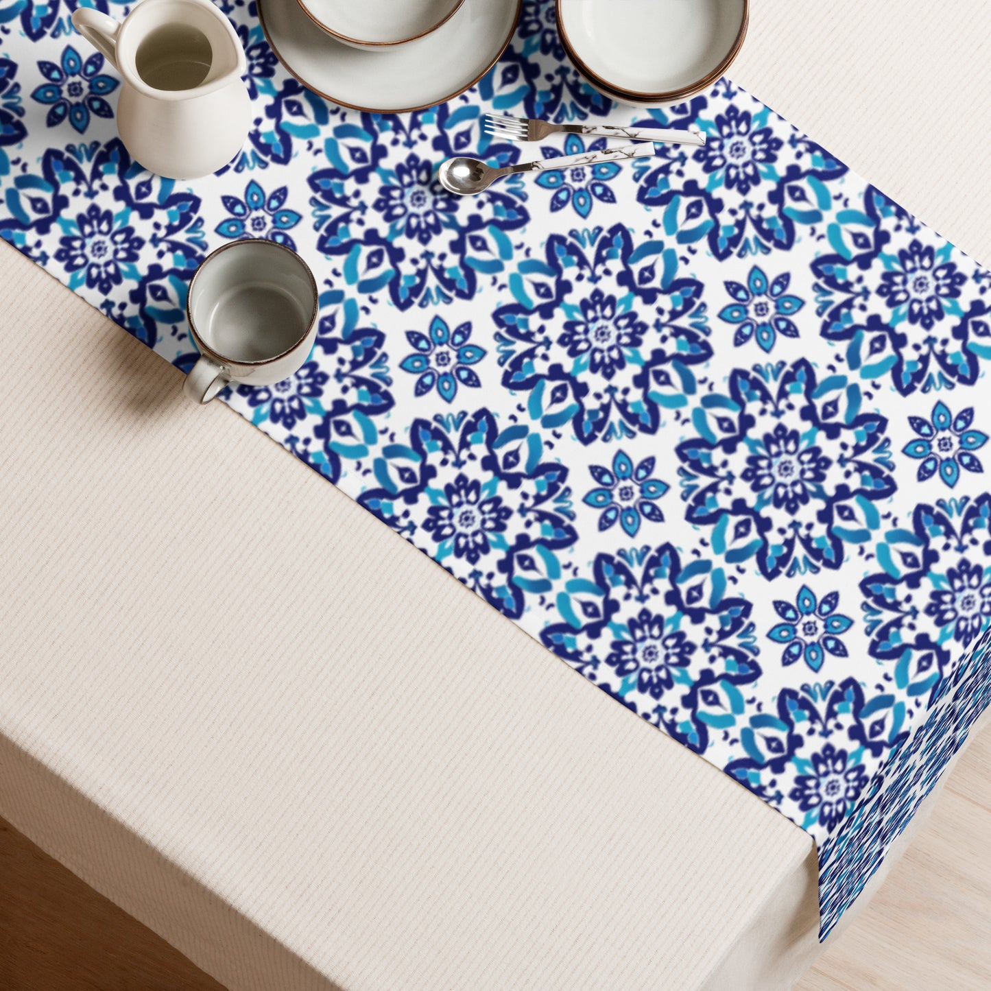 Table runner In Spanish Inspired Azulejos Pattern