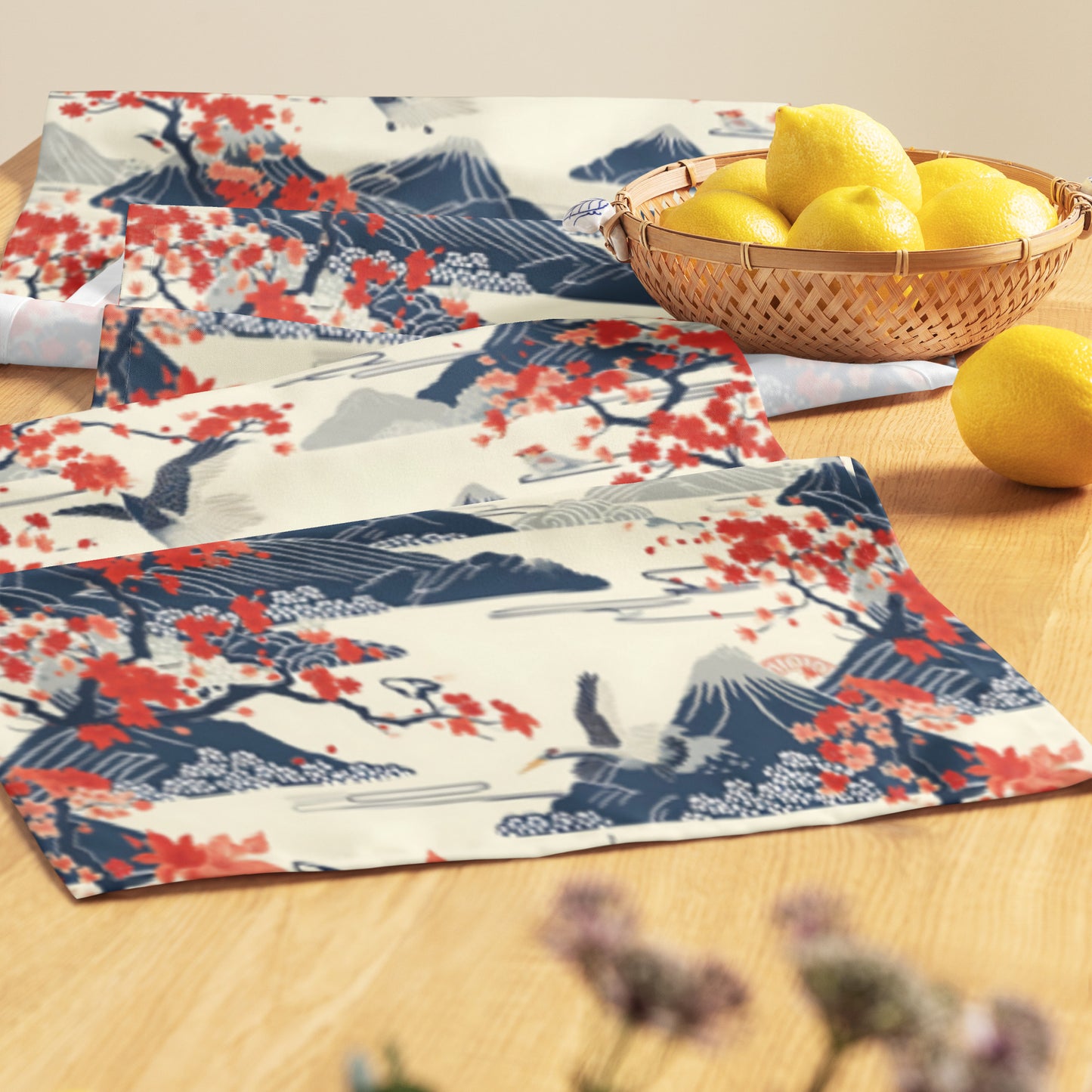 Table runner In Japanese Inspired Shin-Hanga Pattern